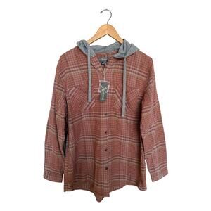 Natural Reflections Plaid Hooded Flannel Women’s Size L Tan Pink Button Up NWT